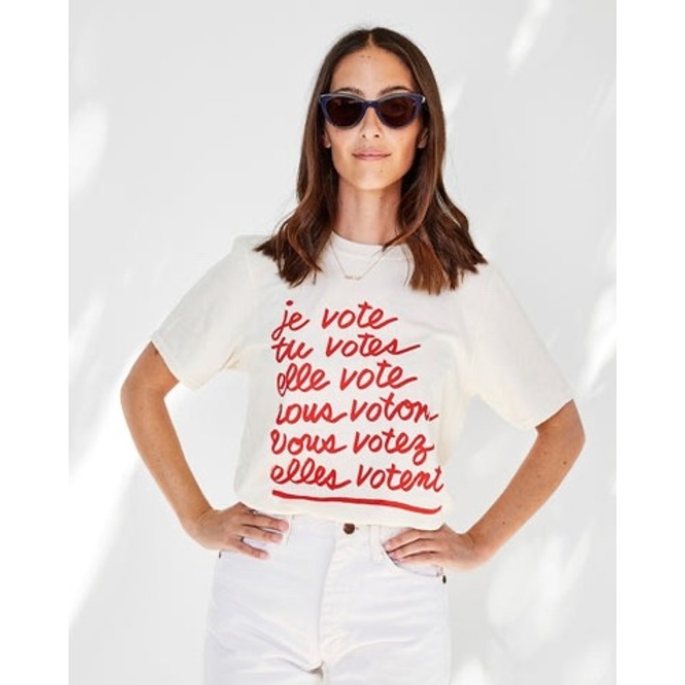 Clare V When We All Vote 2020 Graphic T-Shirt Cream Red French Political Small